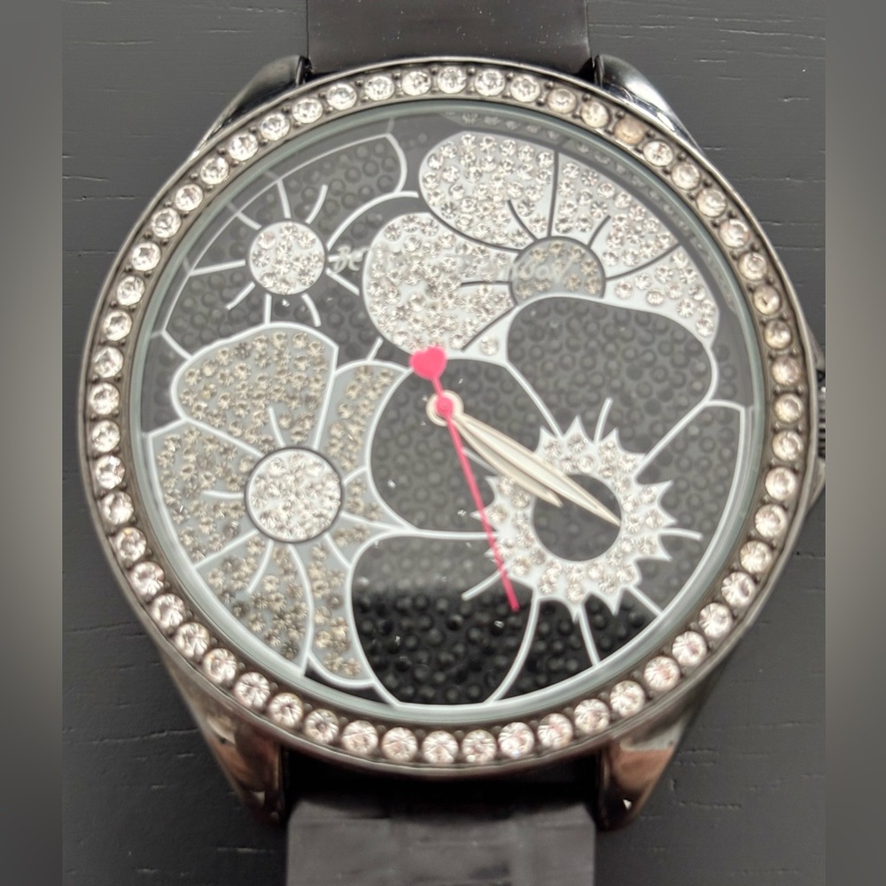 Betsey Johnson Black and White Rhinestone Flower Watch